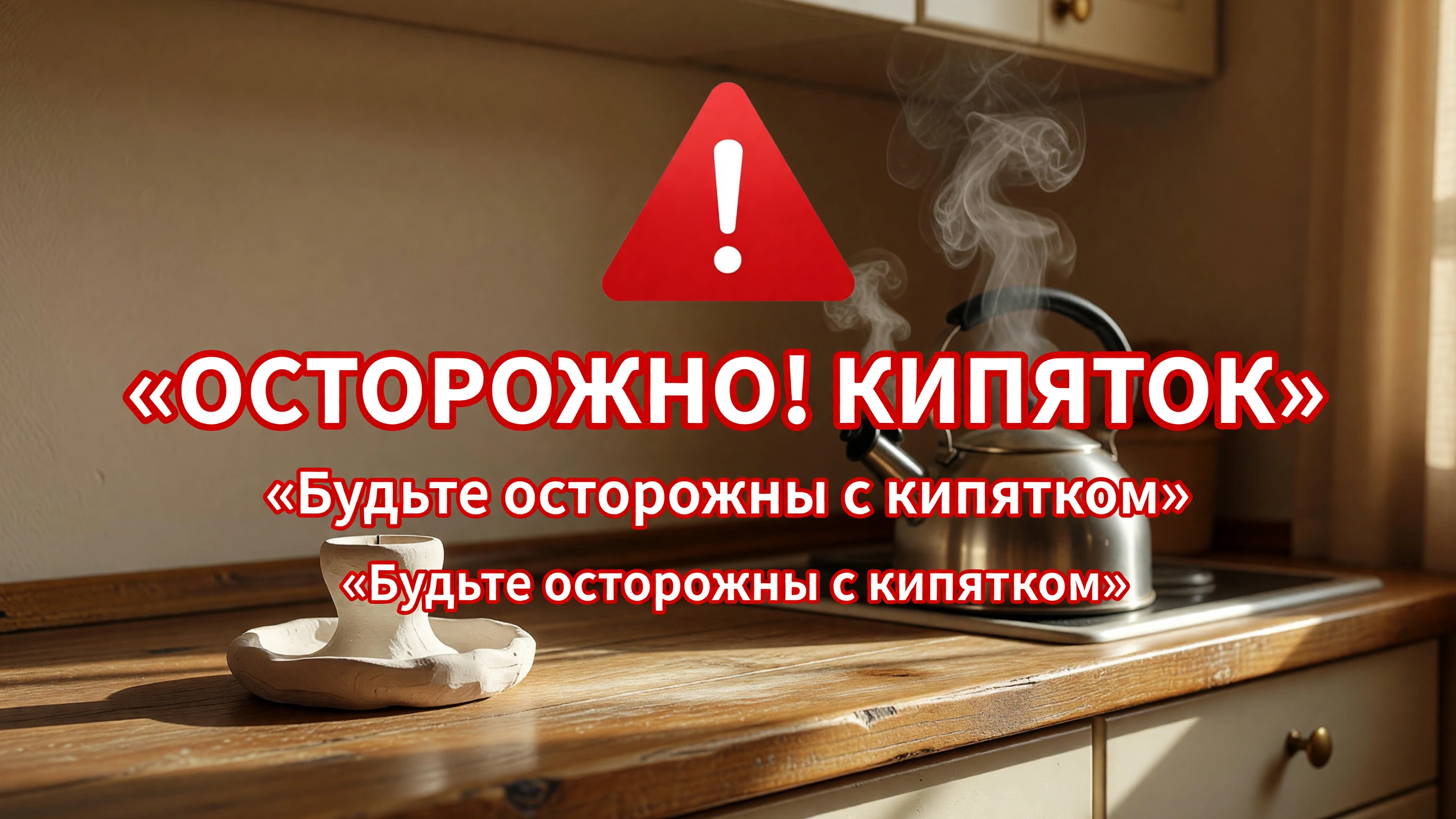 Предупреждающее превью видео: гипсовый подсвечник рядом с чайником с паром на деревянной столешнице, крупная красная надпись «Осторожно! Кипяток» и пометка «Будьте осторожны с кипятком»